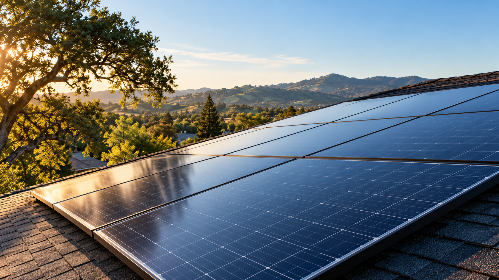 Illustrative image of rooftop solar panels in warm Northern California light